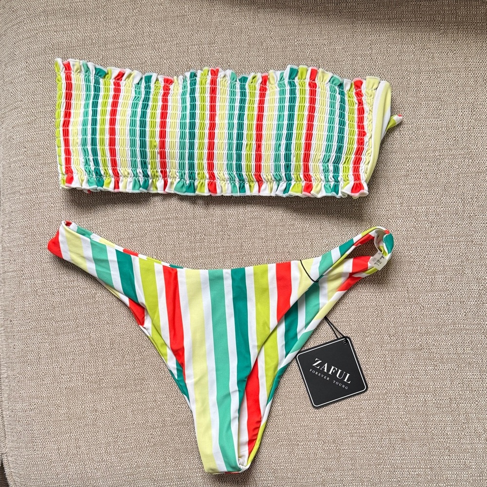 Zaful Women's Striped Bikini Set - Red, Green, Yellow